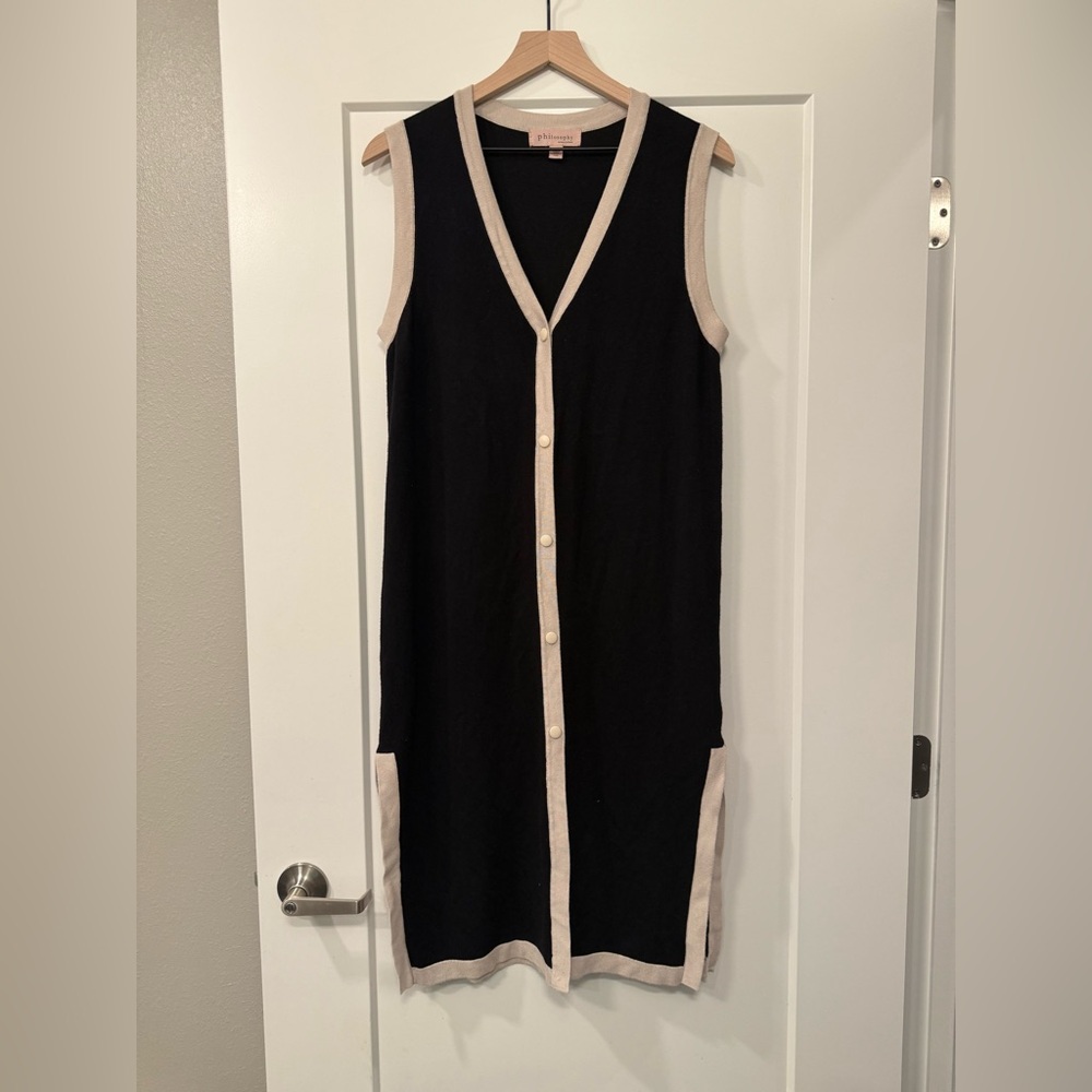 Black Sleeveless Cardigan with Cream Trim
